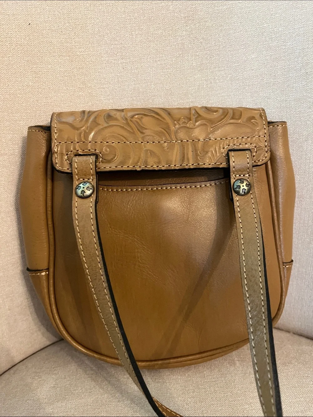 Patricia Nash Tan Floral Tooled Leather Crossbody Bag